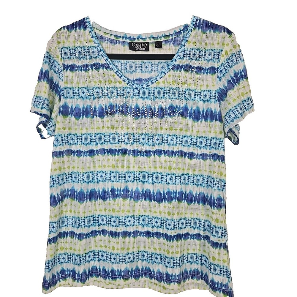Onque Casual -  Rhinestone Embellished Short Sleeve Slub Tee Shirt V-neck Size L